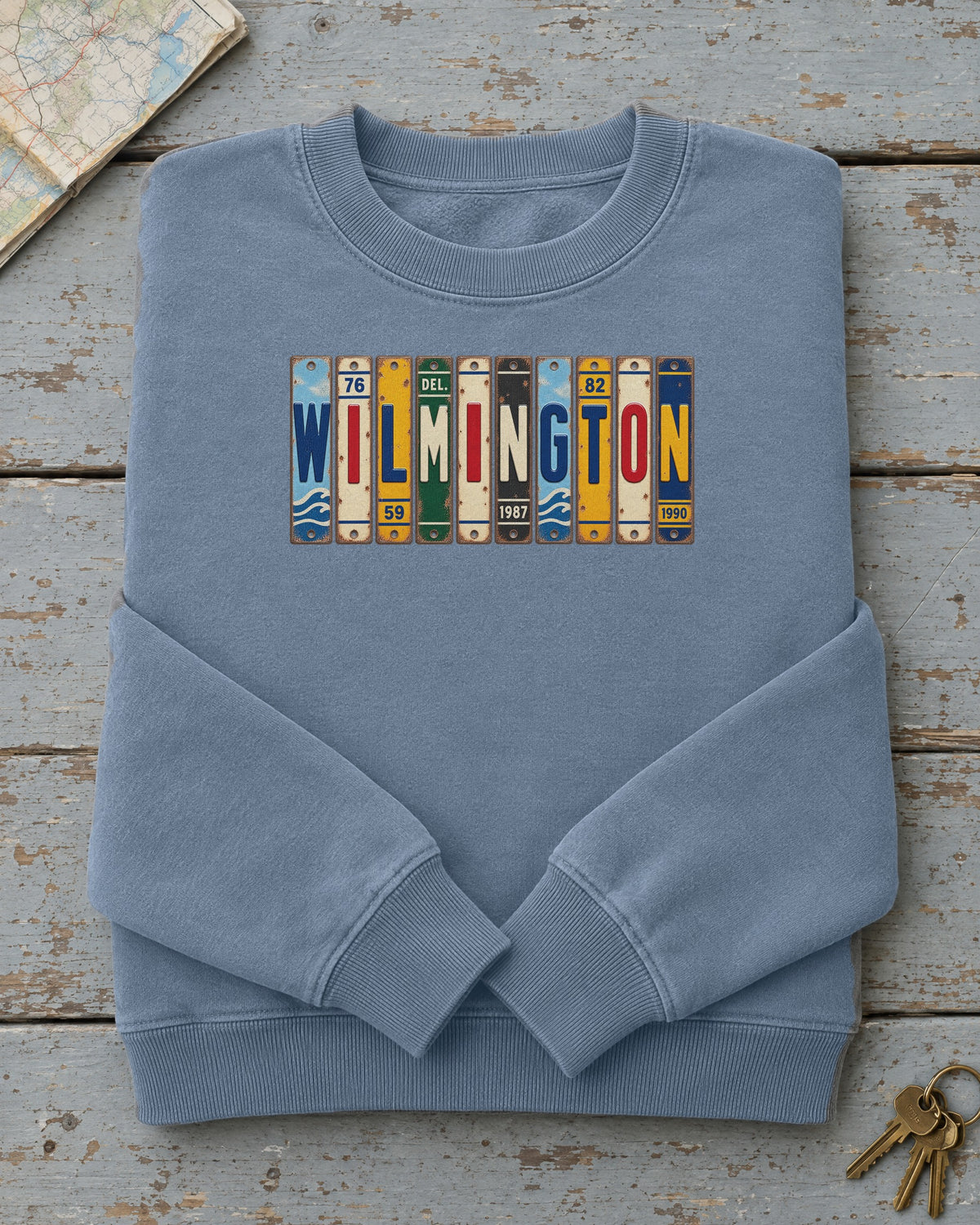 Wilmington, Delaware vintage license plate sweatshirt in Blue Jean
