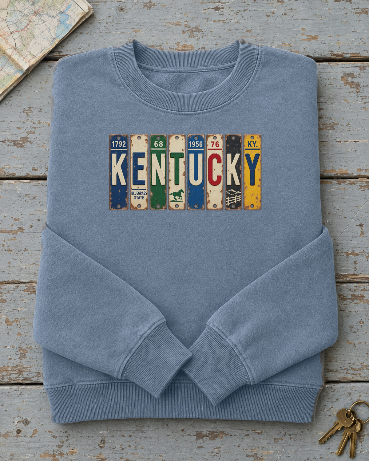 Kentucky vintage license plate sweatshirt in Blue Jean