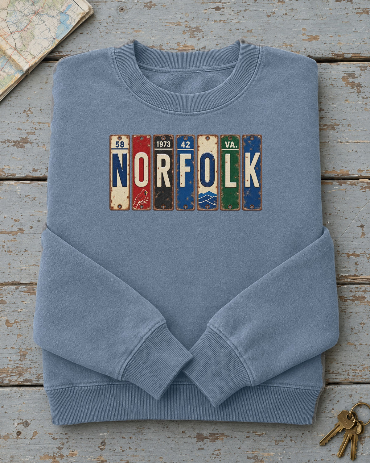 Norfolk, Virginia vintage license plate sweatshirt in Blue Jean