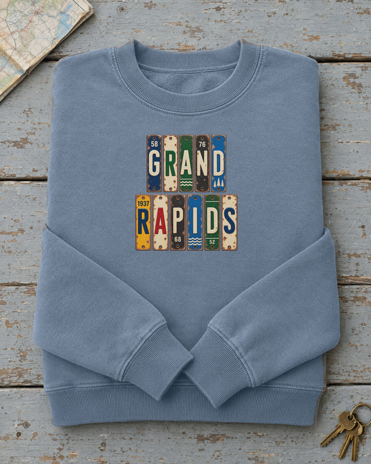 Grand Rapids, Michigan vintage license plate sweatshirt in Blue Jean