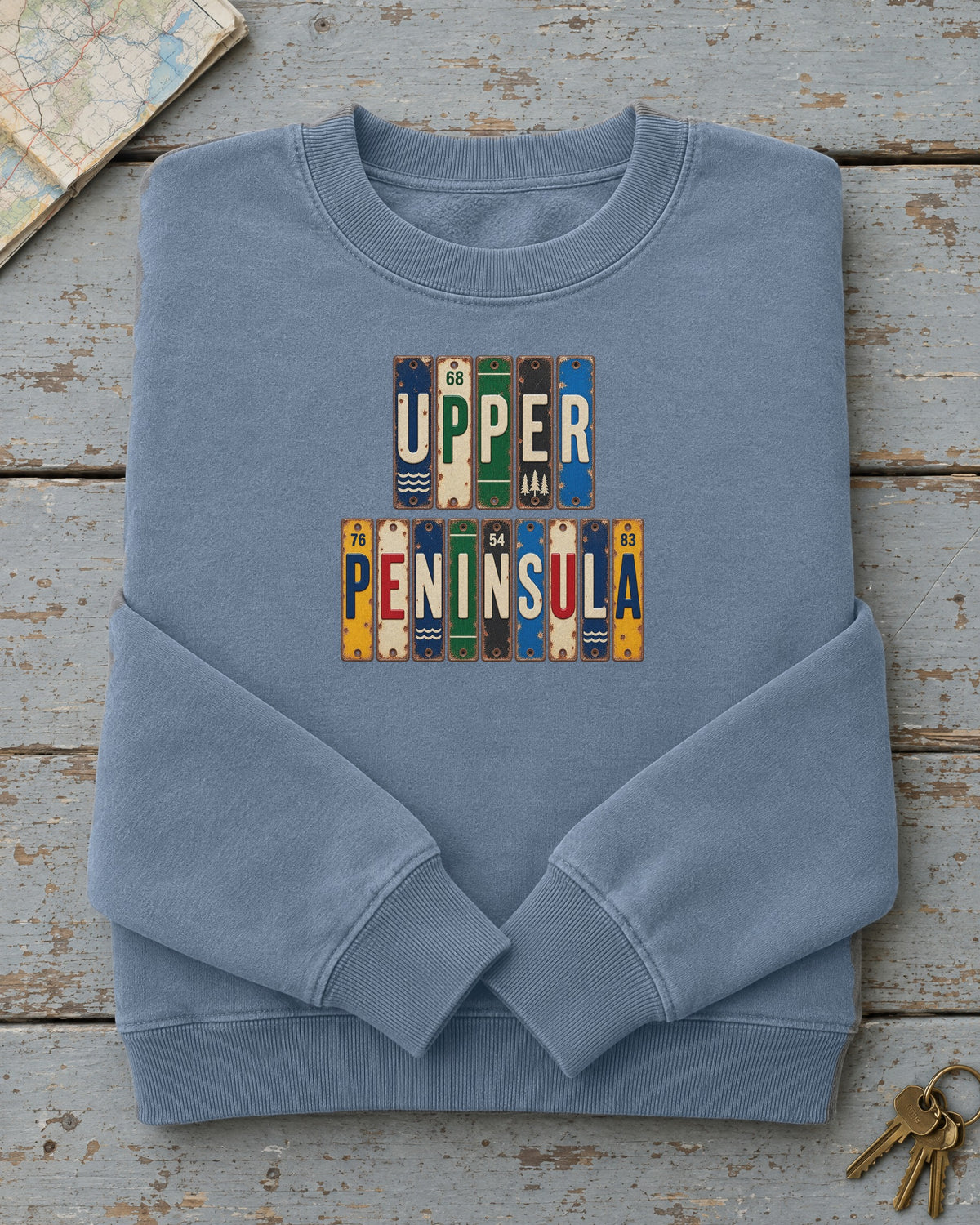 Upper Peninsula, Michigan vintage license plate sweatshirt in Blue Jean