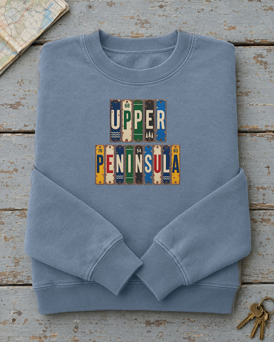 Upper Peninsula, Michigan vintage license plate sweatshirt in Blue Jean