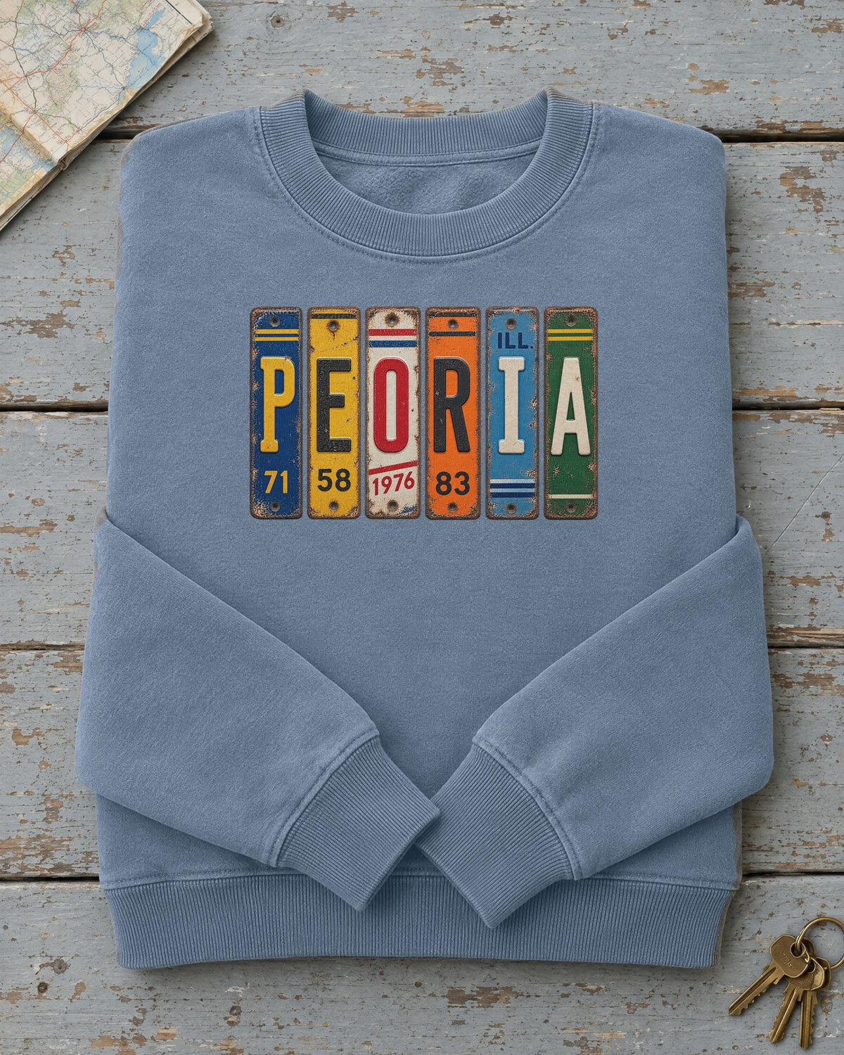 Peoria, Illinois vintage license plate sweatshirt in Blue Jean