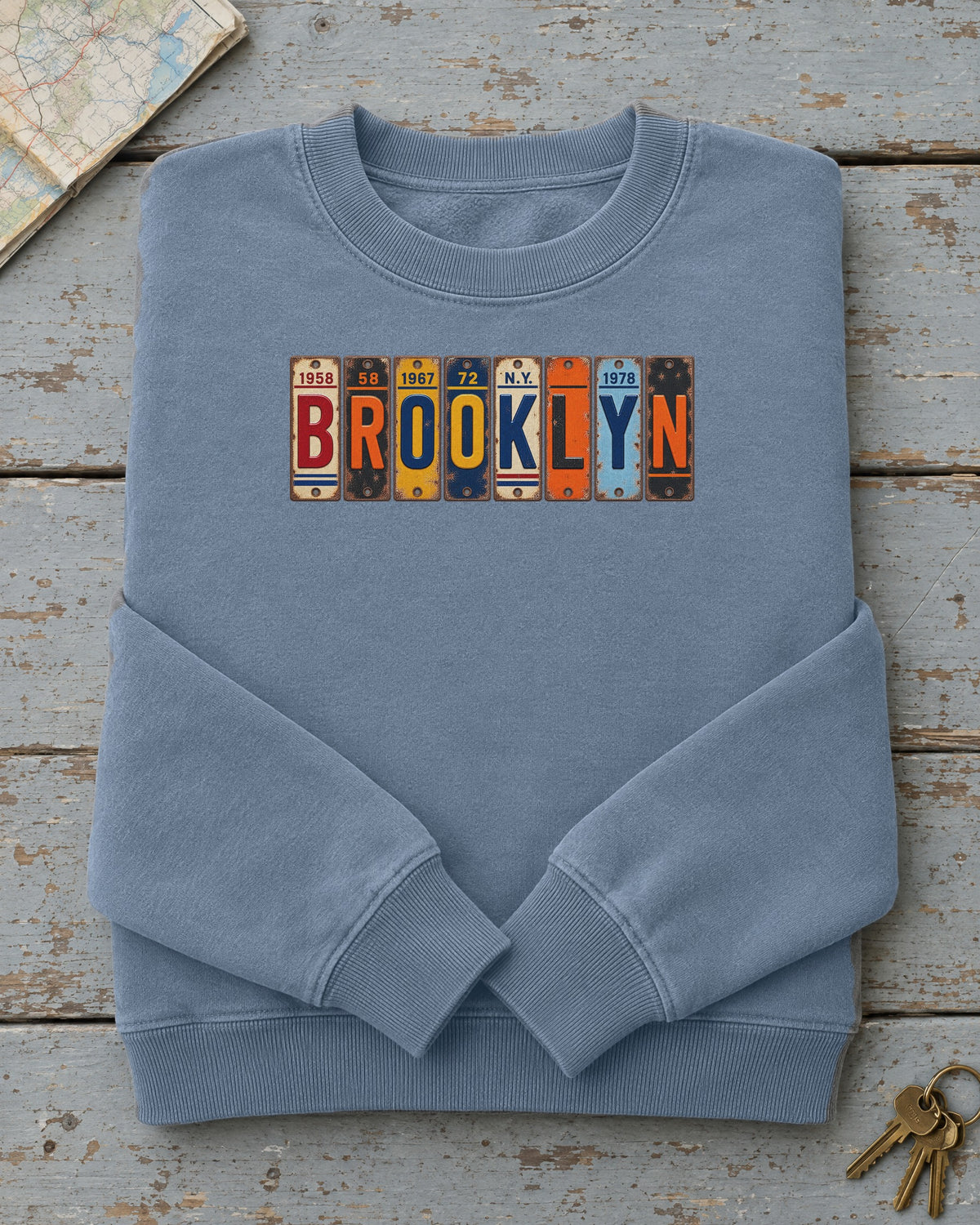 Brooklyn, New York vintage license plate sweatshirt in Blue Jean