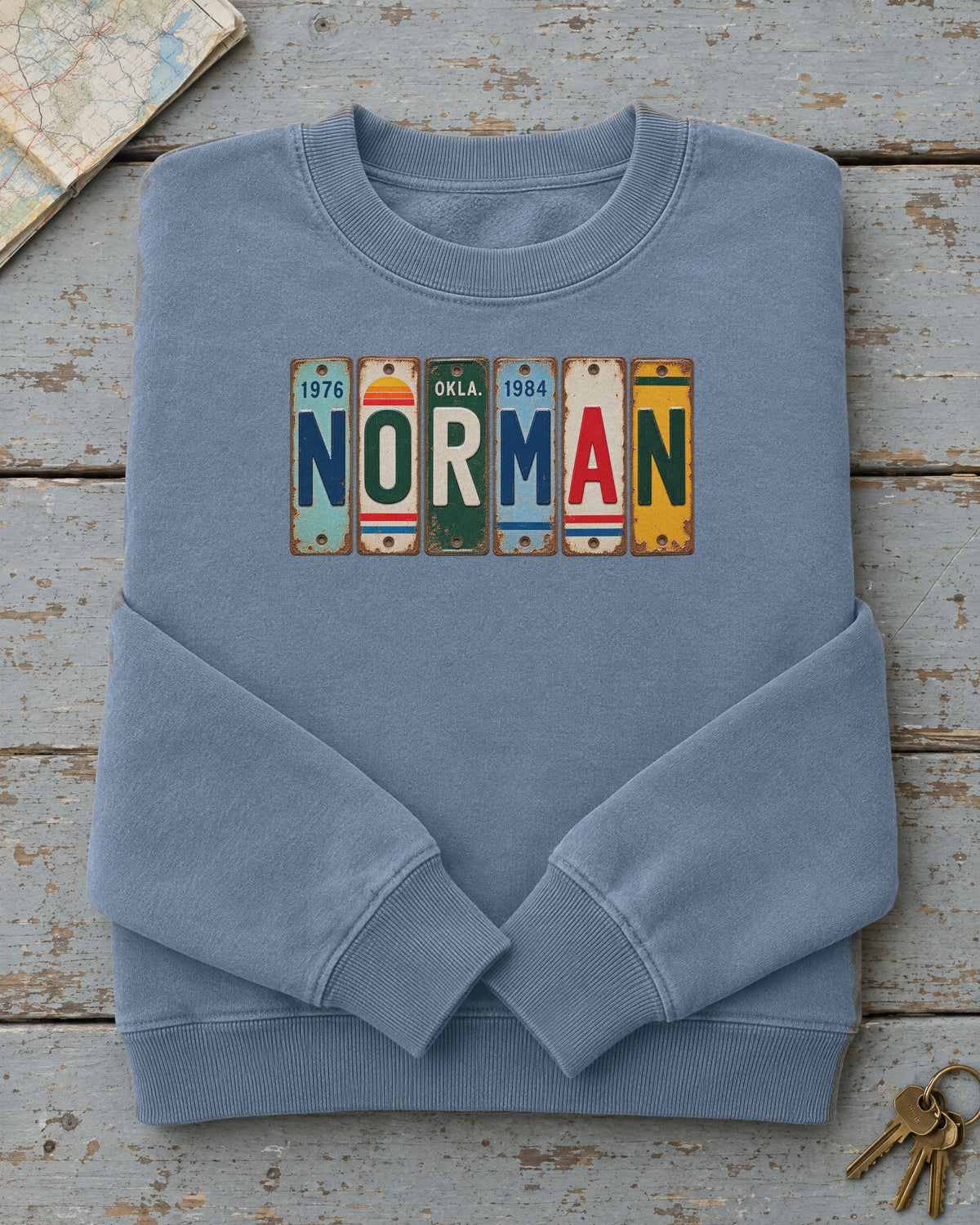 Norman, Oklahoma vintage license plate sweatshirt in Blue Jean