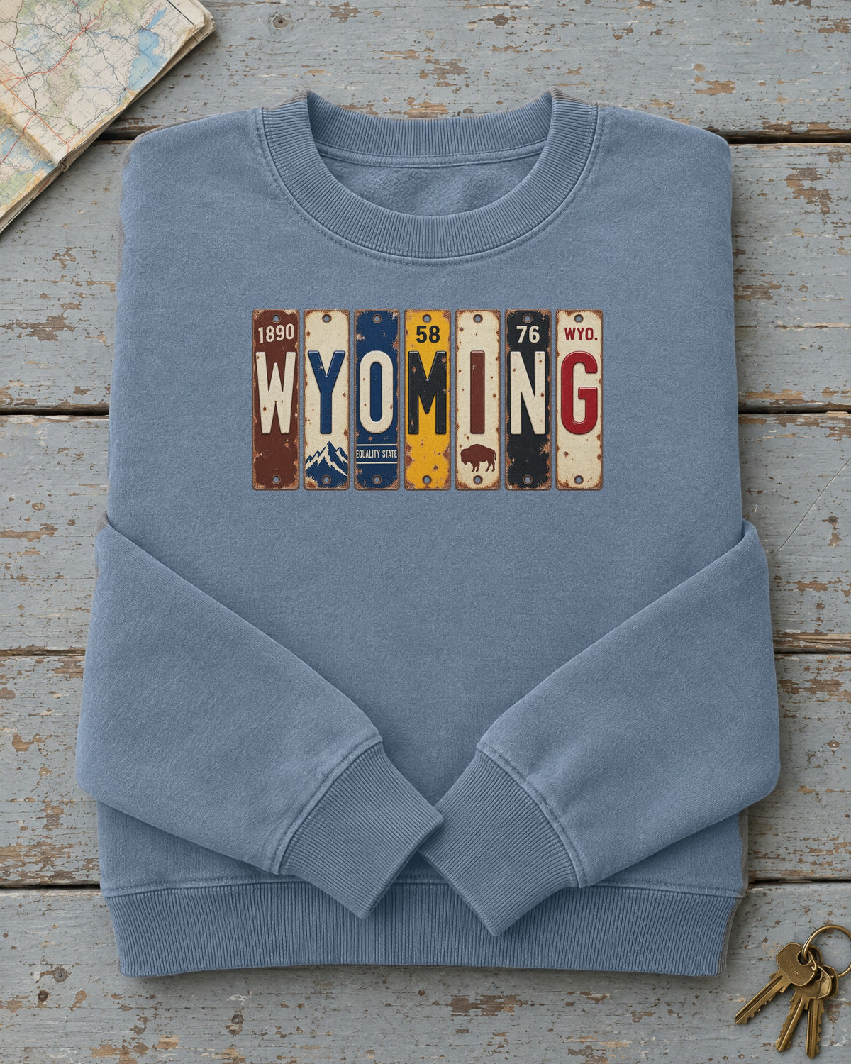 Wyoming vintage license plate sweatshirt in Blue Jean