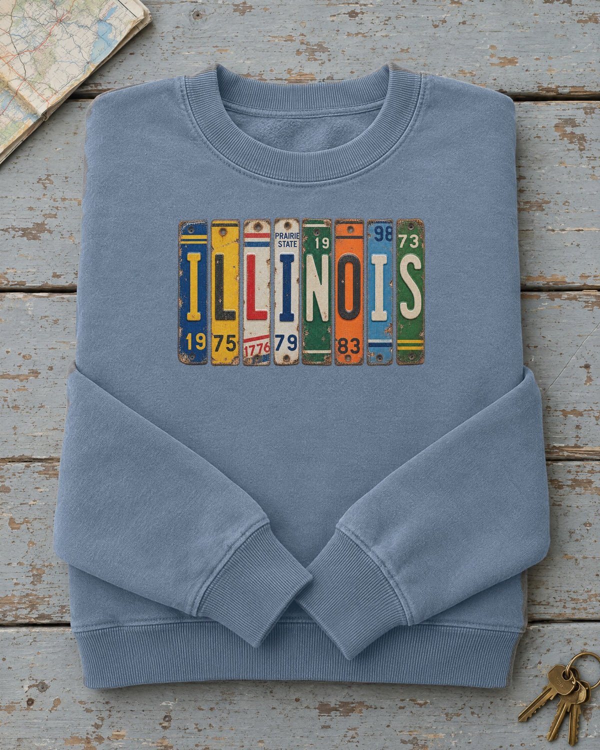Illinois vintage license plate sweatshirt in Blue Jean