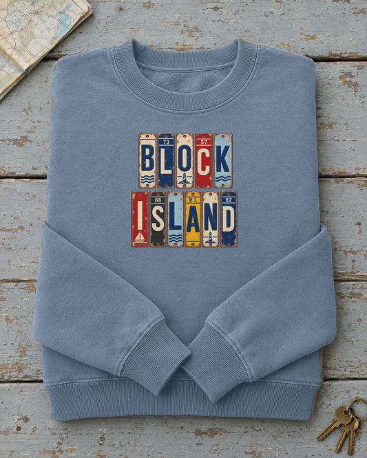 Block Island, Rhode Island vintage license plate sweatshirt in Blue Jean
