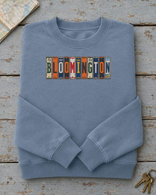 Bloomington, Indiana vintage license plate sweatshirt in Blue Jean