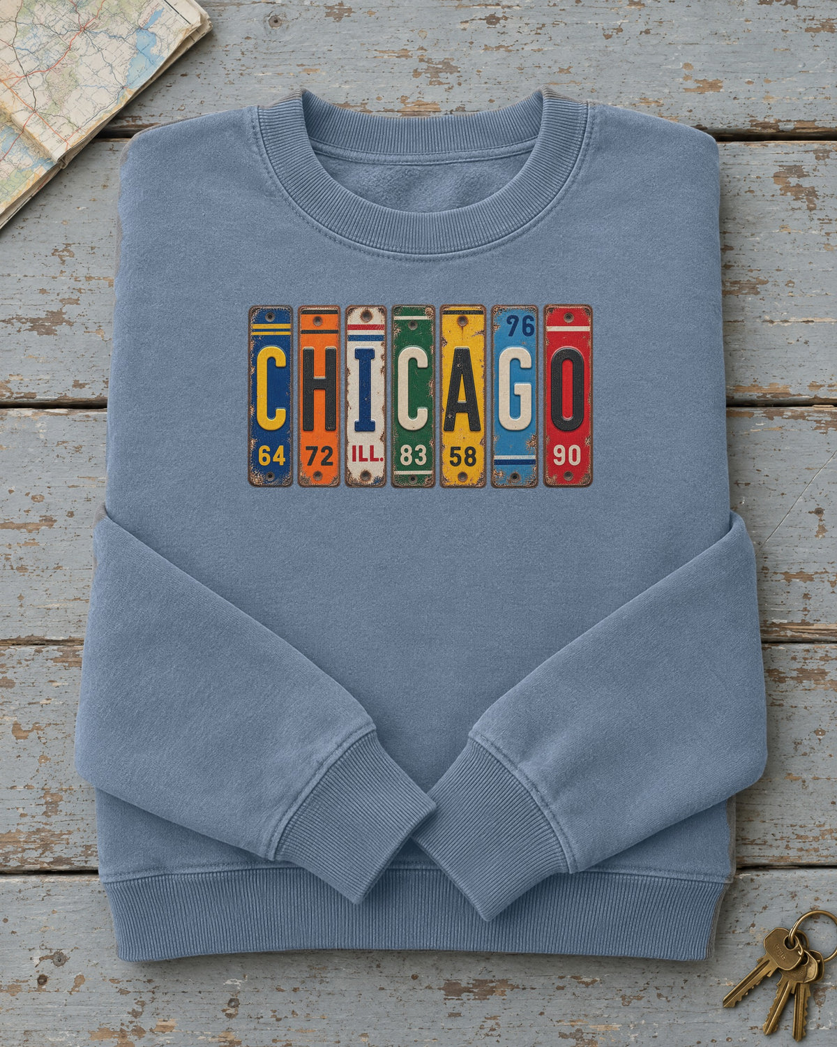 Chicago, Illinois vintage license plate sweatshirt in Blue Jean