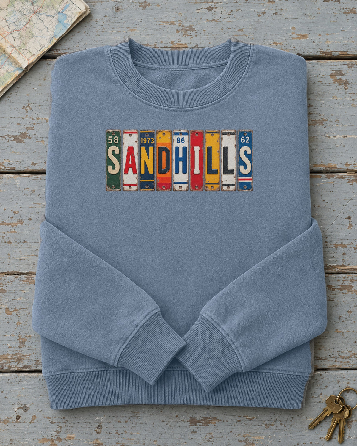 Sandhills, Nebraska vintage license plate sweatshirt in Blue Jean
