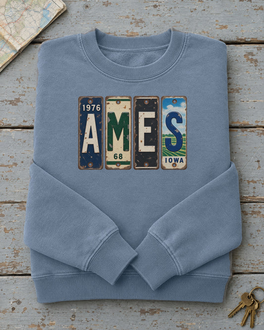 Ames, Iowa vintage license plate sweatshirt in Blue Jean