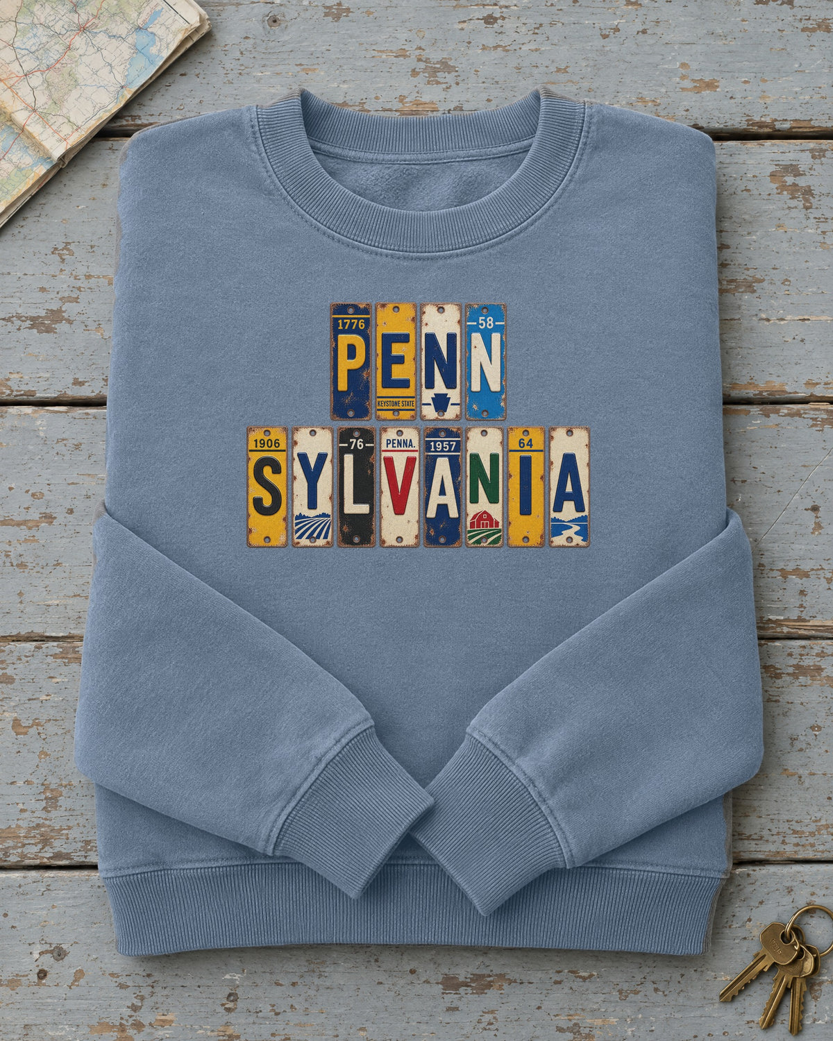 Pennsylvania vintage license plate sweatshirt in Blue Jean