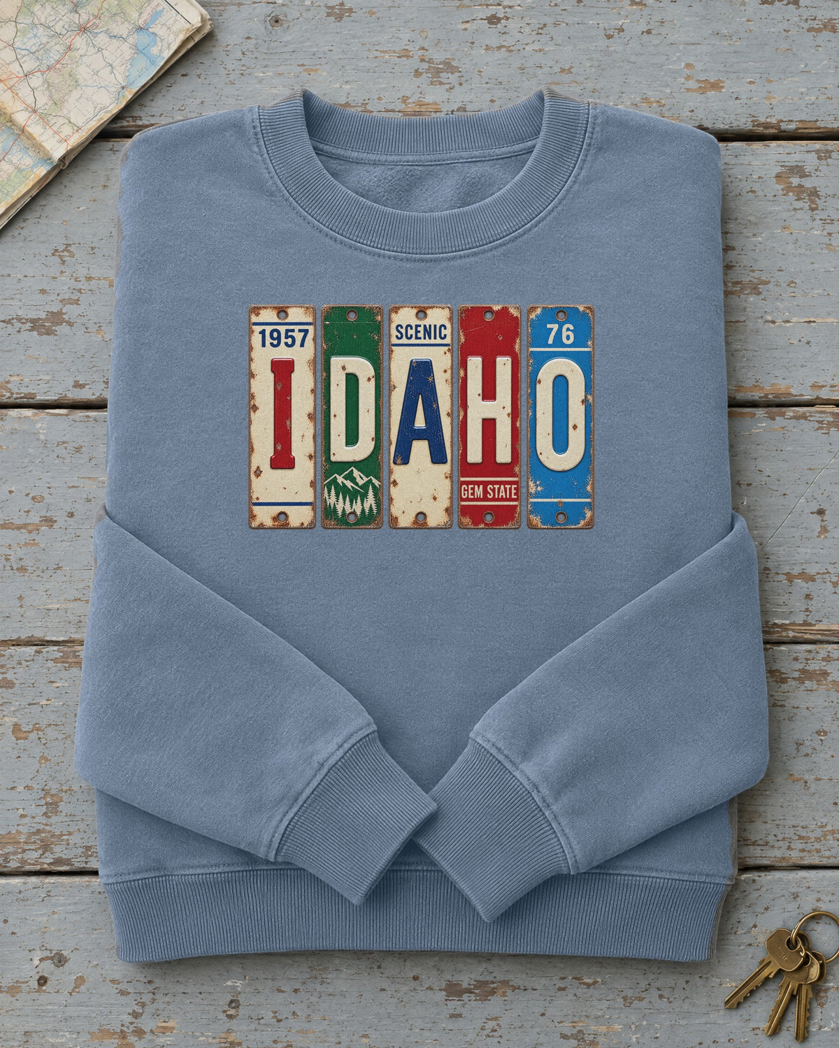 Idaho vintage license plate sweatshirt in Blue Jean