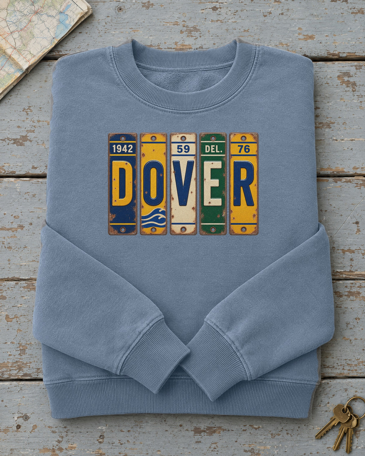 Dover, Delaware vintage license plate sweatshirt in Blue Jean