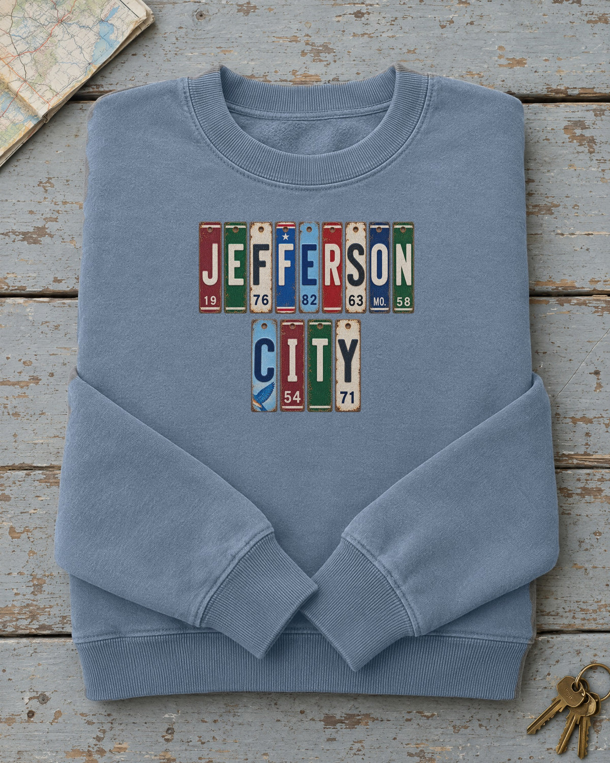 Jefferson City, Missouri vintage license plate sweatshirt in Blue Jean