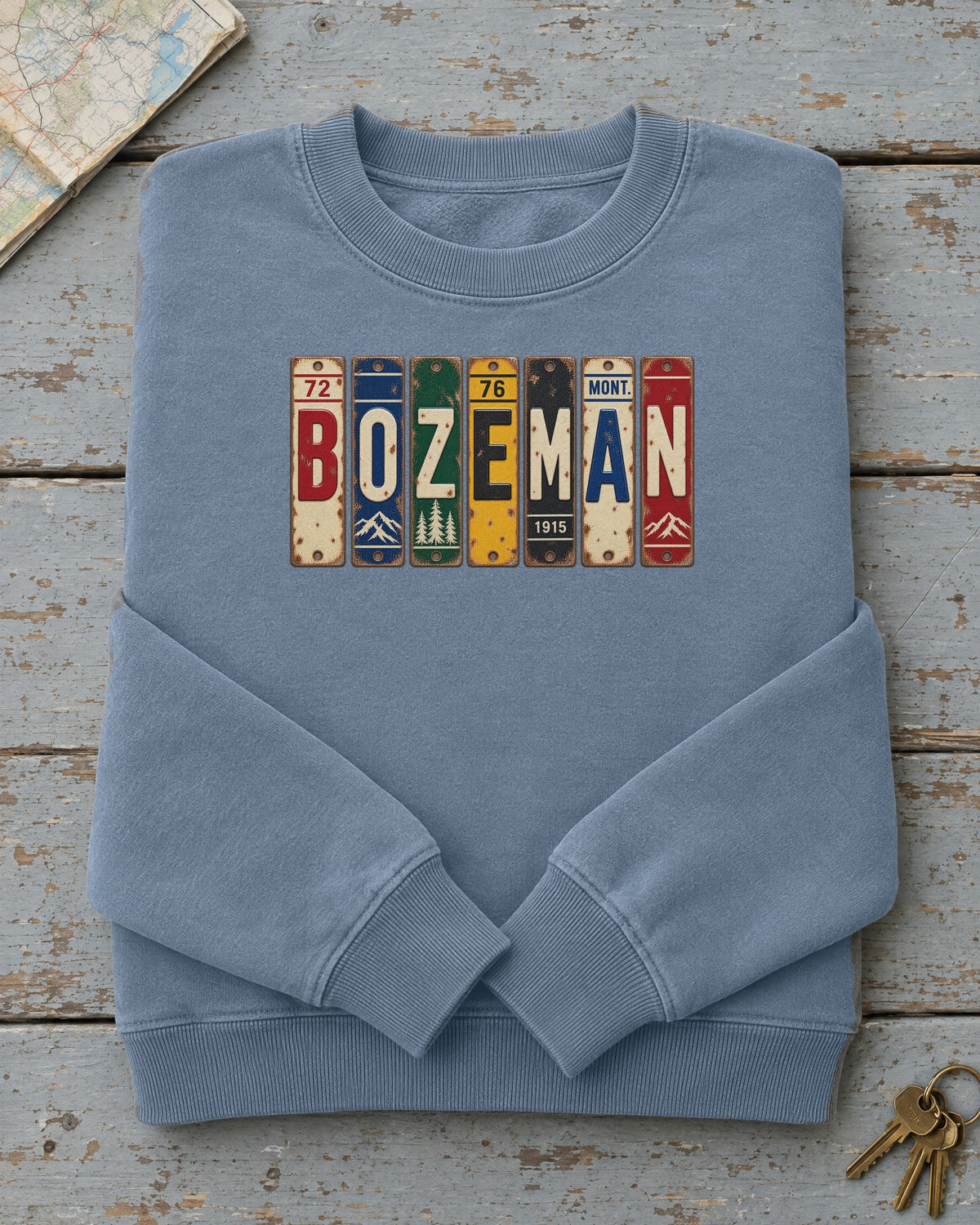 Bozeman, Montana vintage license plate sweatshirt in Blue Jean