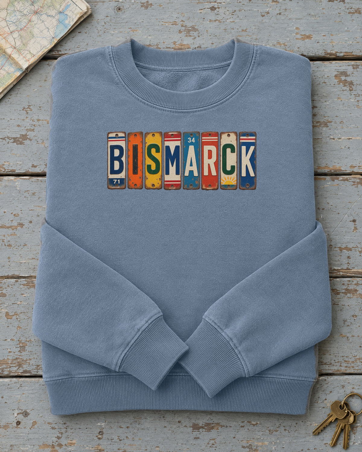 Bismarck, North Dakota vintage license plate sweatshirt in Blue Jean