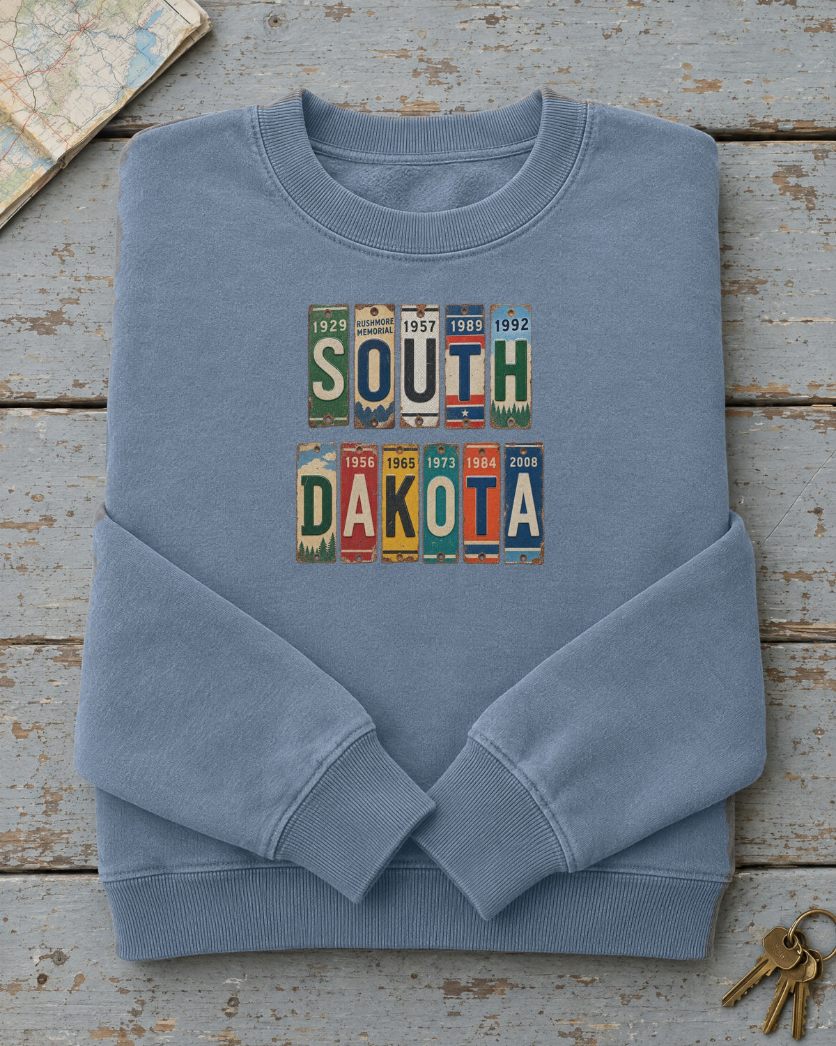 South Dakota vintage license plate sweatshirt in Blue Jean