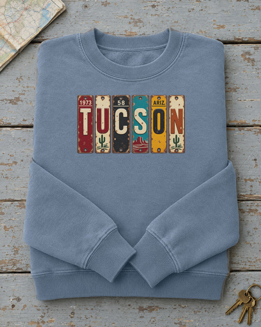 Tucson, Arizona vintage license plate sweatshirt in Blue Jean