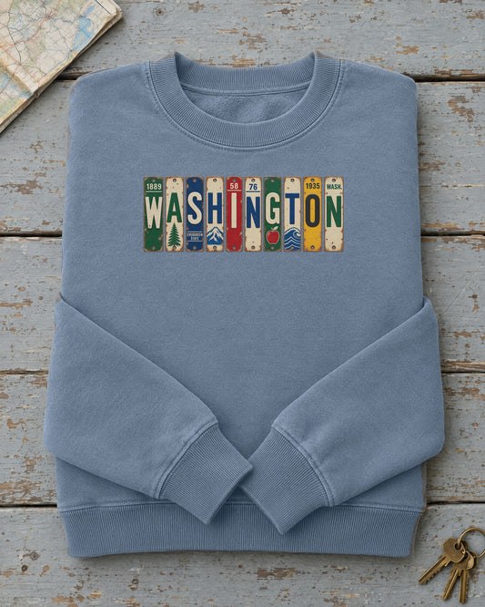 Washington vintage license plate sweatshirt in Blue Jean