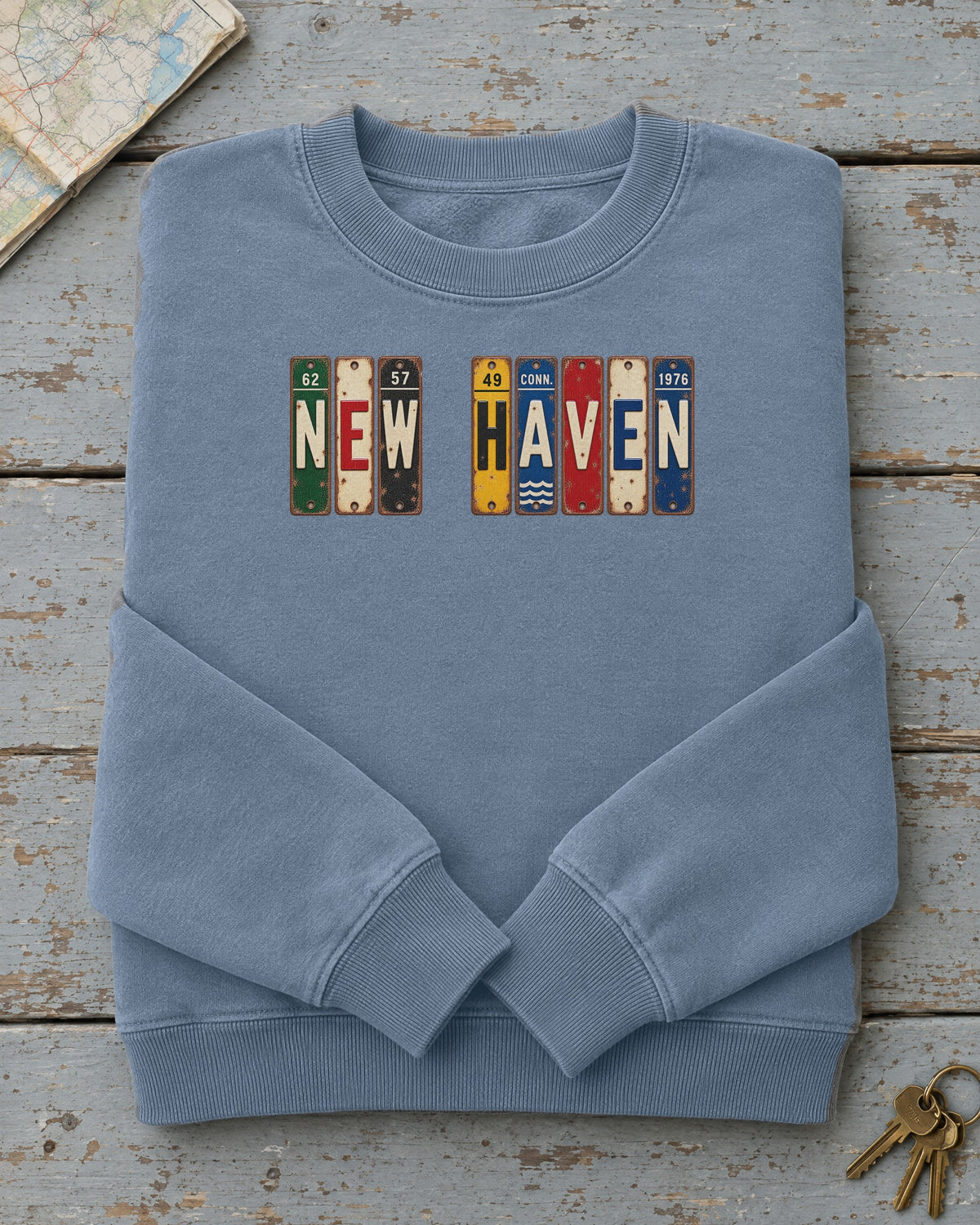 New Haven, Connecticut vintage license plate sweatshirt in Blue Jean