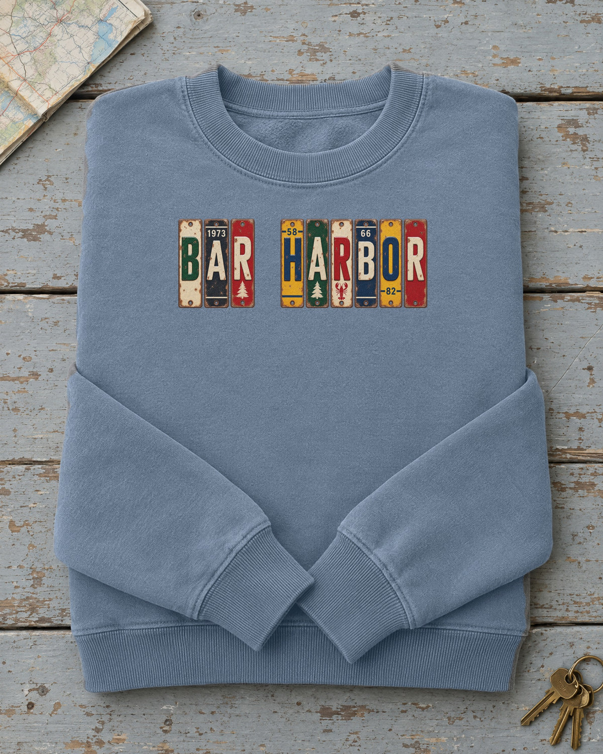 Bar Harbor, Maine vintage license plate sweatshirt in Blue Jean