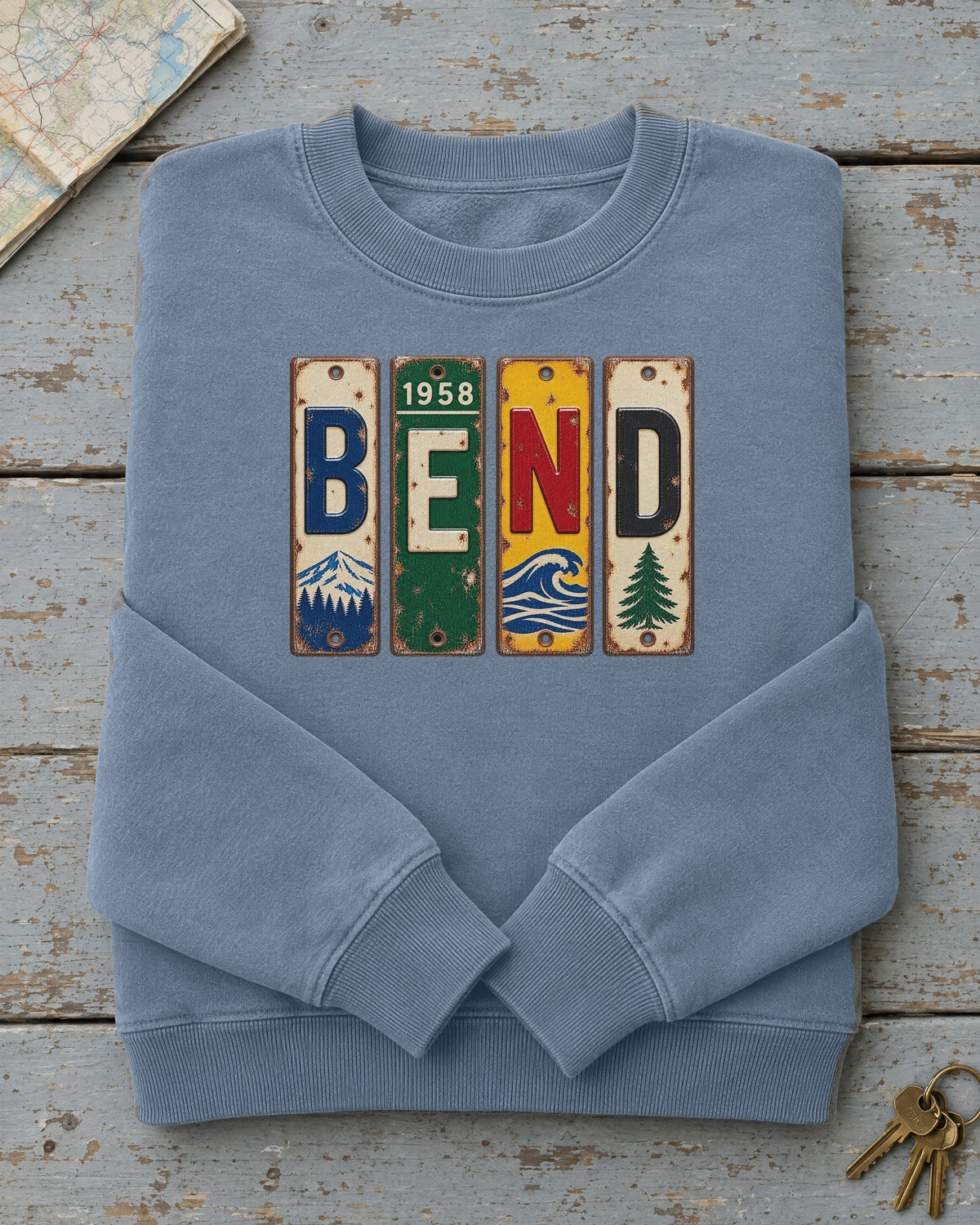 Bend, Oregon vintage license plate sweatshirt in Blue Jean