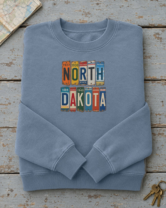 North Dakota vintage license plate sweatshirt in Blue Jean