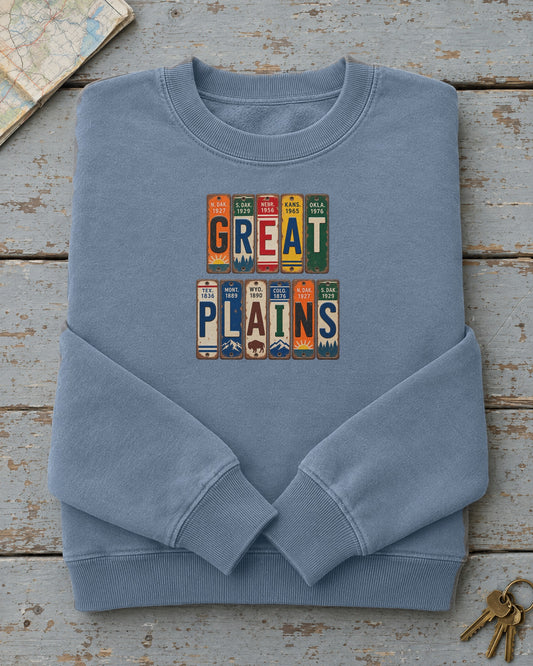 Great Plains vintage license plate sweatshirt in Blue Jean