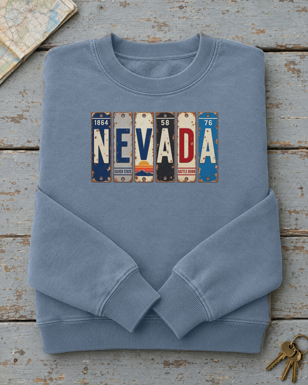 Nevada vintage license plate sweatshirt in Blue Jean