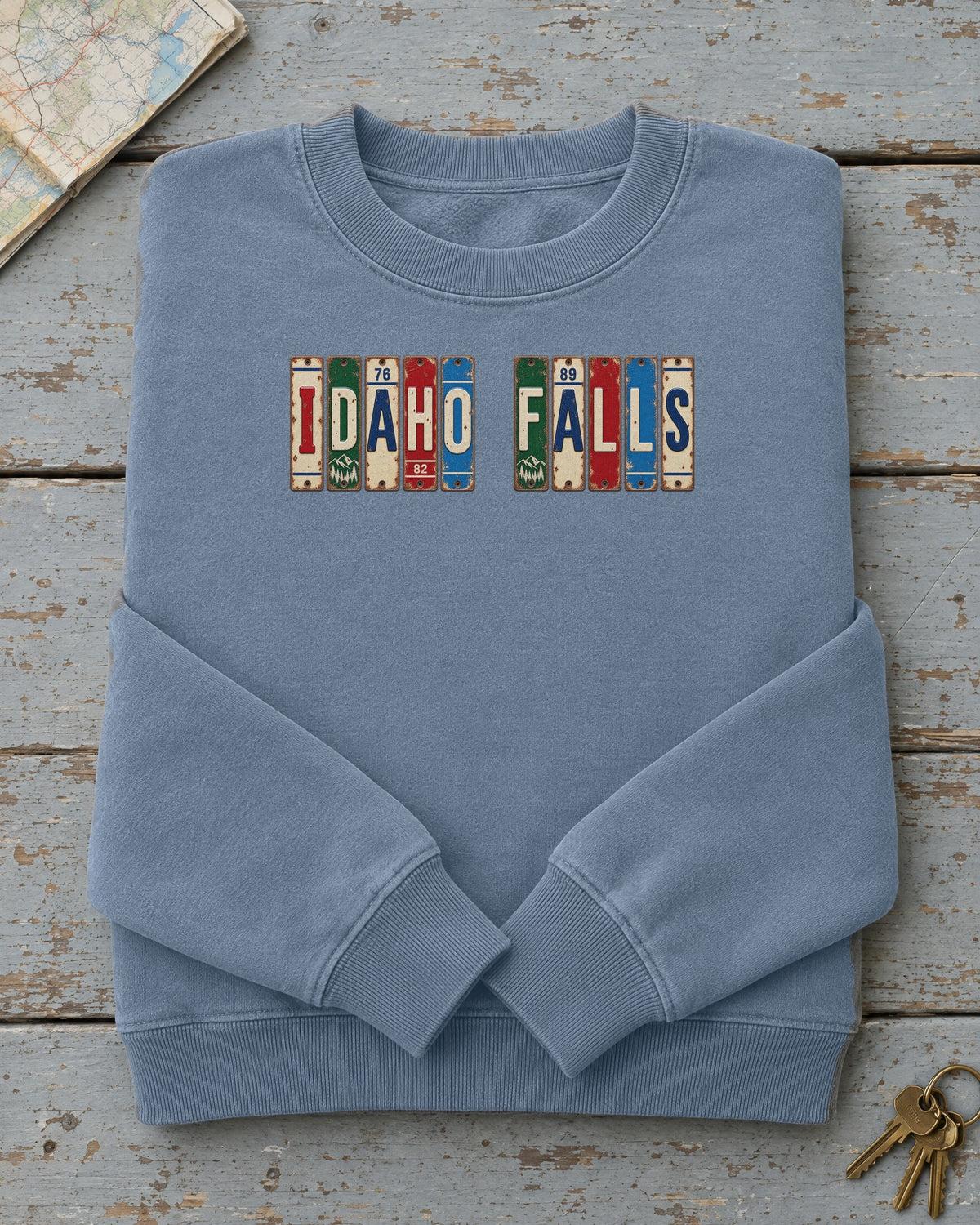 Idaho Falls, Idaho vintage license plate sweatshirt in Blue Jean
