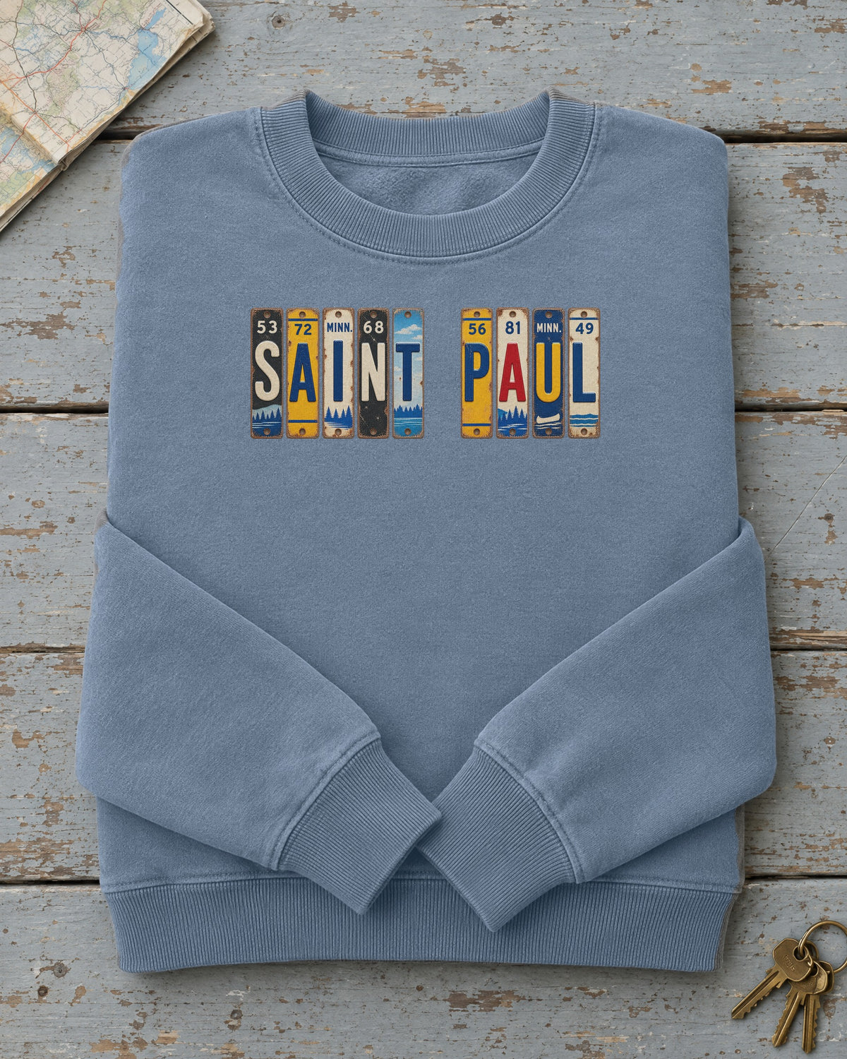 Saint Paul, Minnesota vintage license plate sweatshirt in Blue Jean