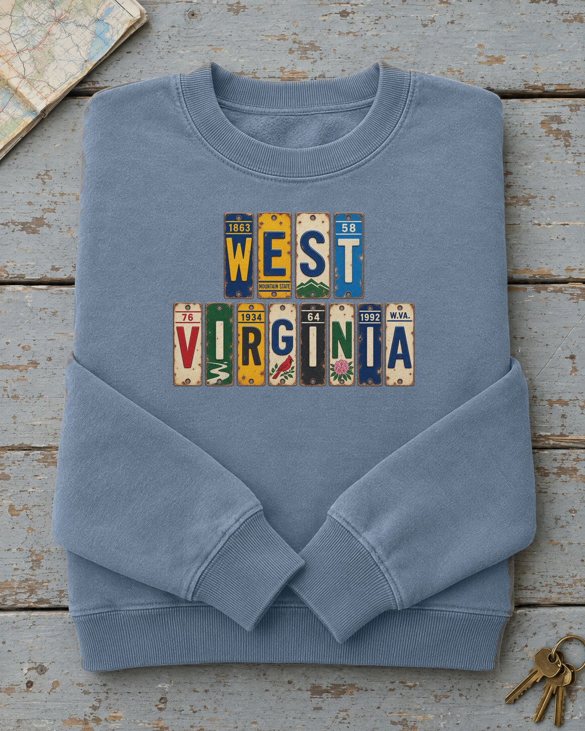 West Virginia vintage license plate sweatshirt in Blue Jean