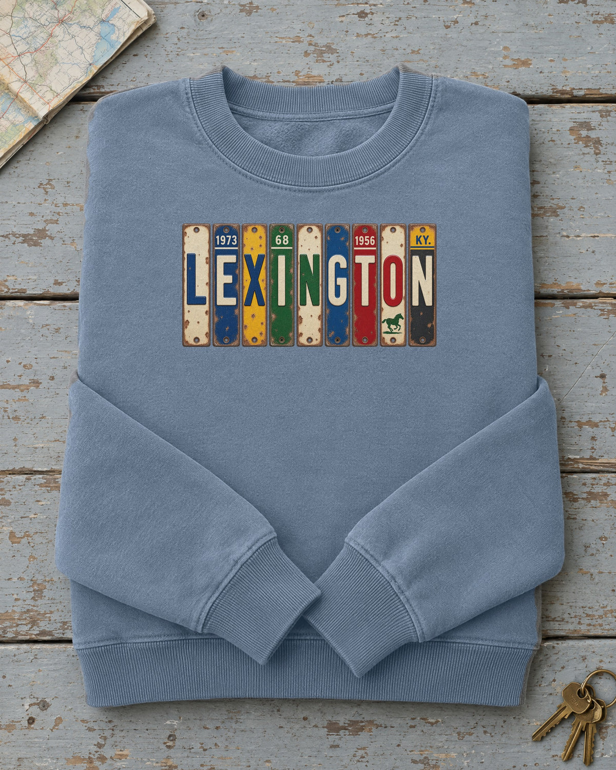 Lexington, Kentucky vintage license plate sweatshirt in Blue Jean