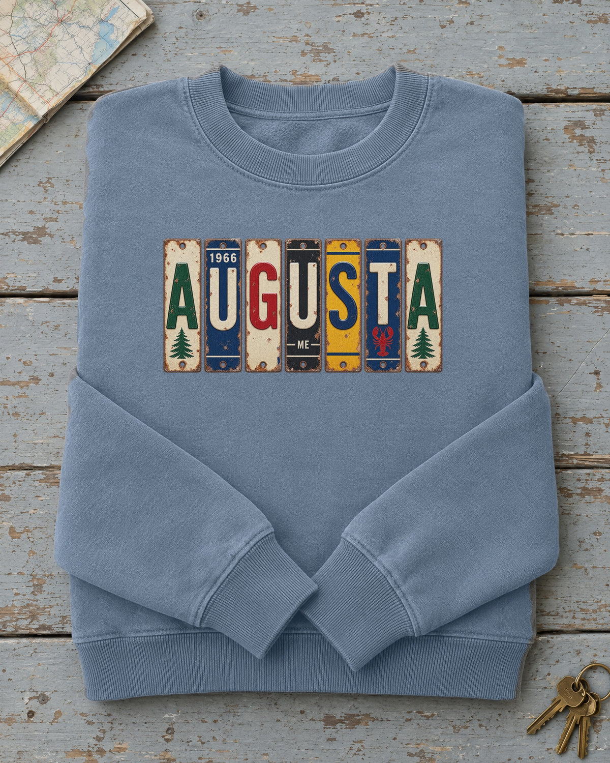 Augusta, Maine vintage license plate sweatshirt in Blue Jean