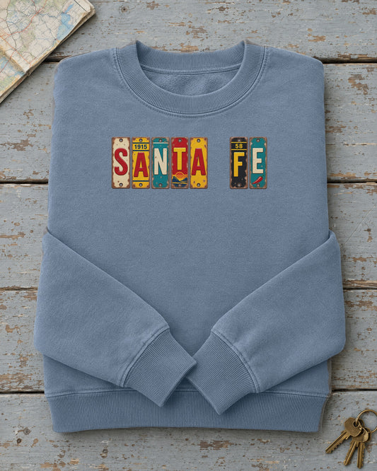 Santa Fe, New Mexico vintage license plate sweatshirt in Blue Jean