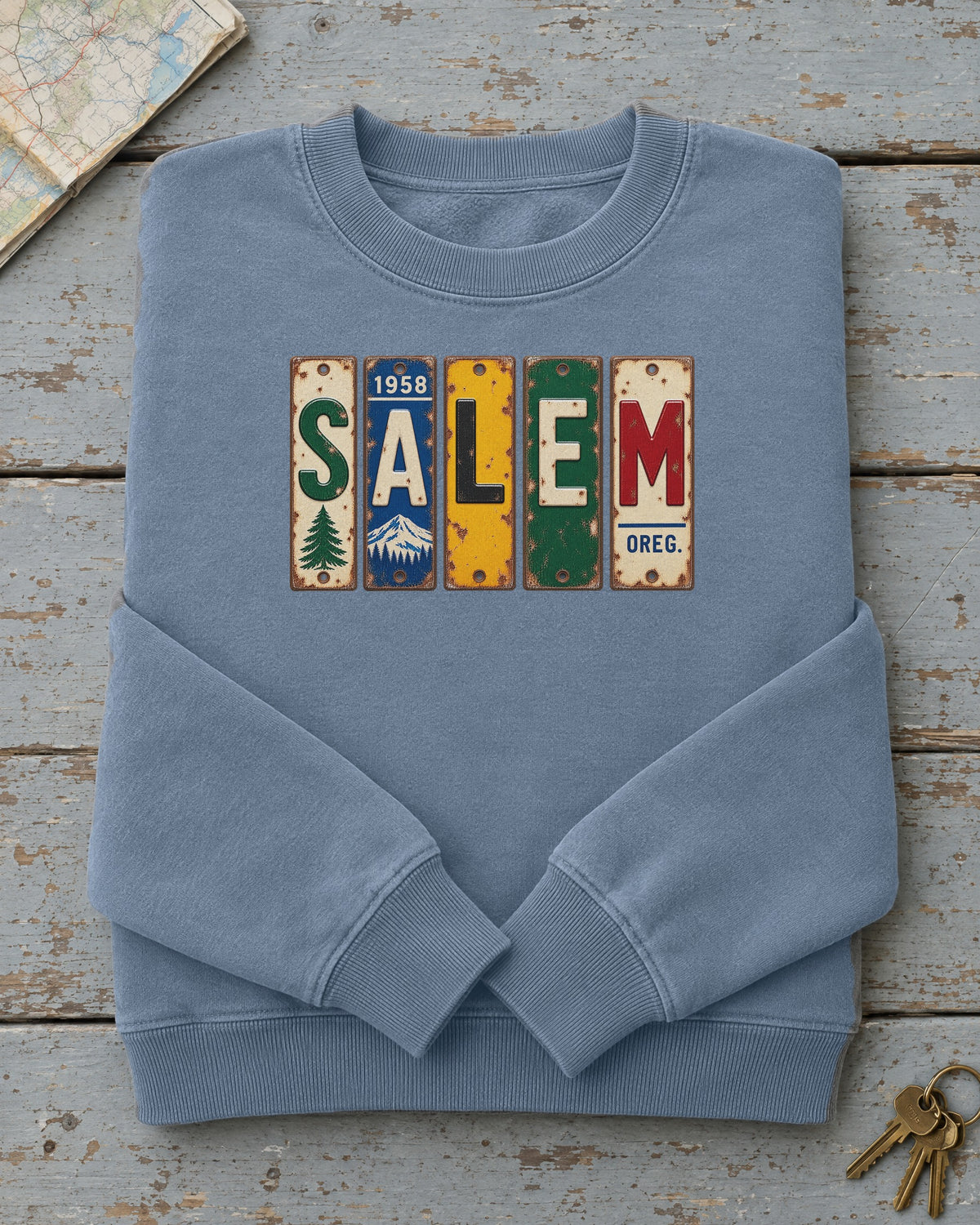 Salem, Oregon vintage license plate sweatshirt in Blue Jean