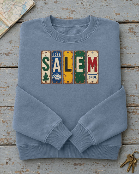 Salem, Oregon vintage license plate sweatshirt in Blue Jean