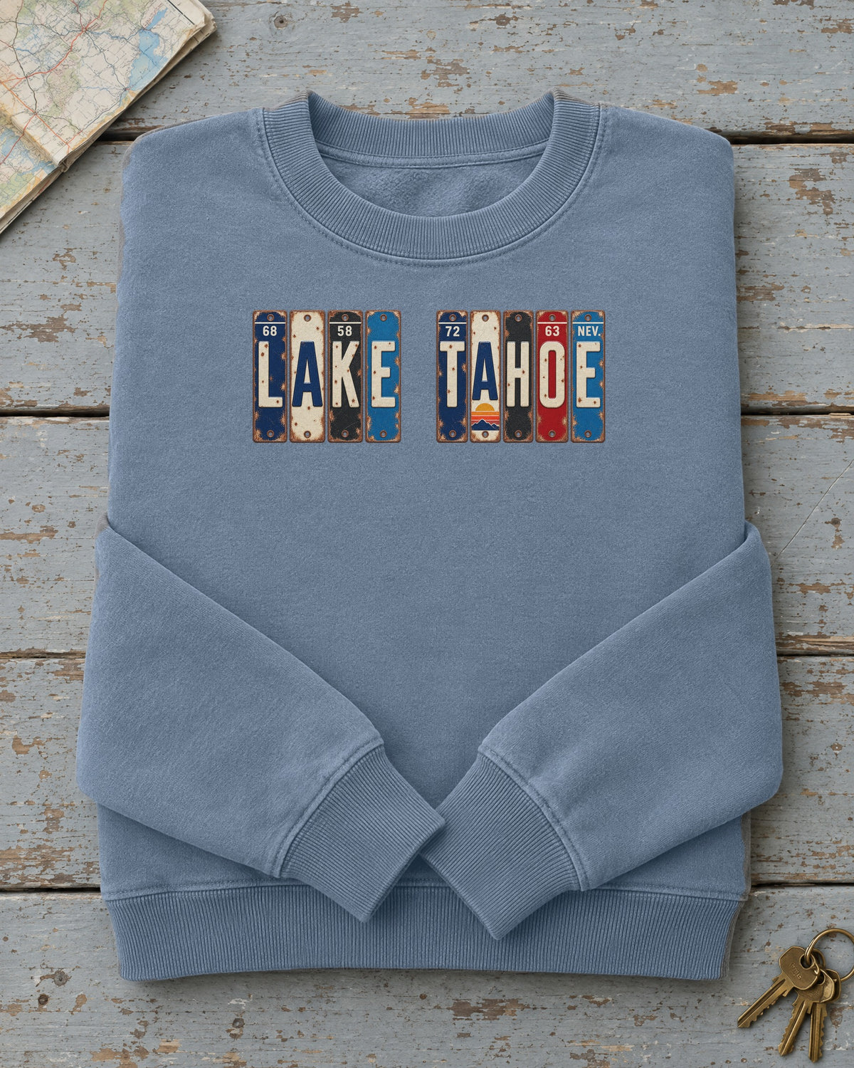 Lake Tahoe, Nevada vintage license plate sweatshirt in Blue Jean