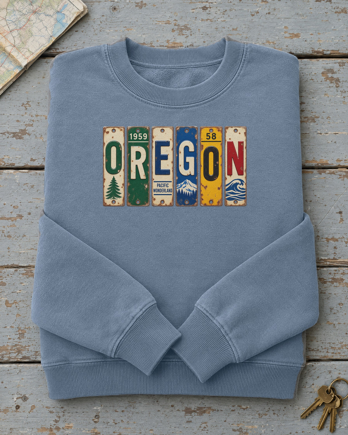 Oregon vintage license plate sweatshirt in Blue Jean
