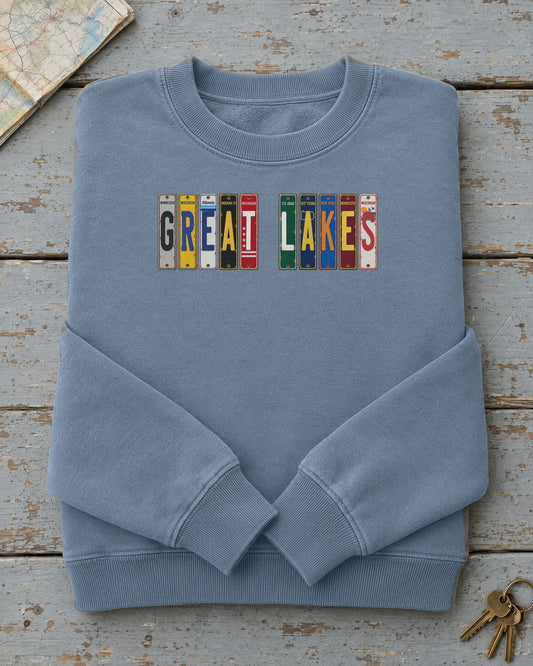 Great Lakes vintage license plate sweatshirt in Blue Jean