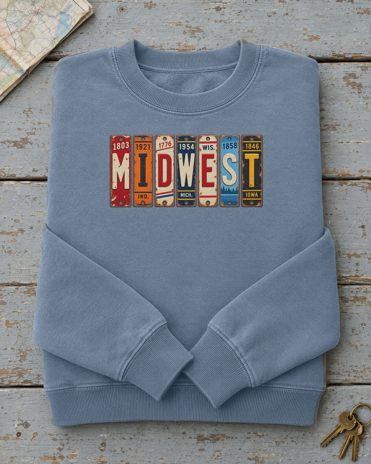 Midwest vintage license plate sweatshirt in Blue Jean