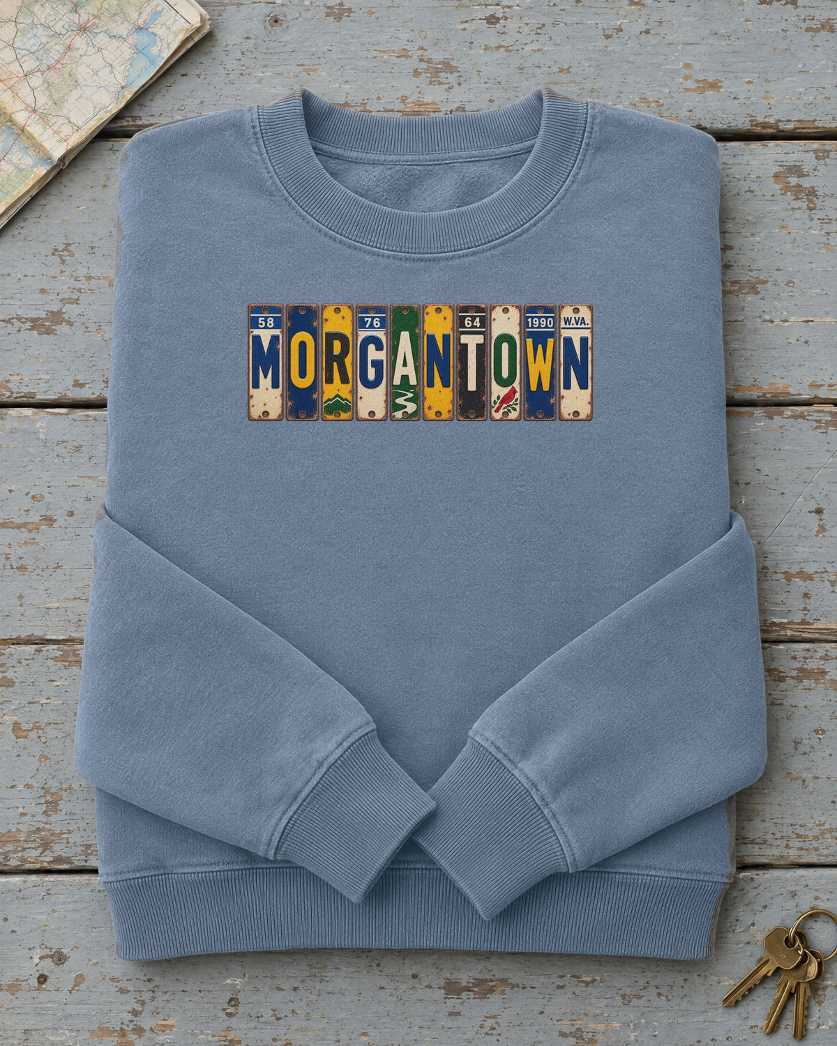 Morgantown, West Virginia vintage license plate sweatshirt in Blue Jean