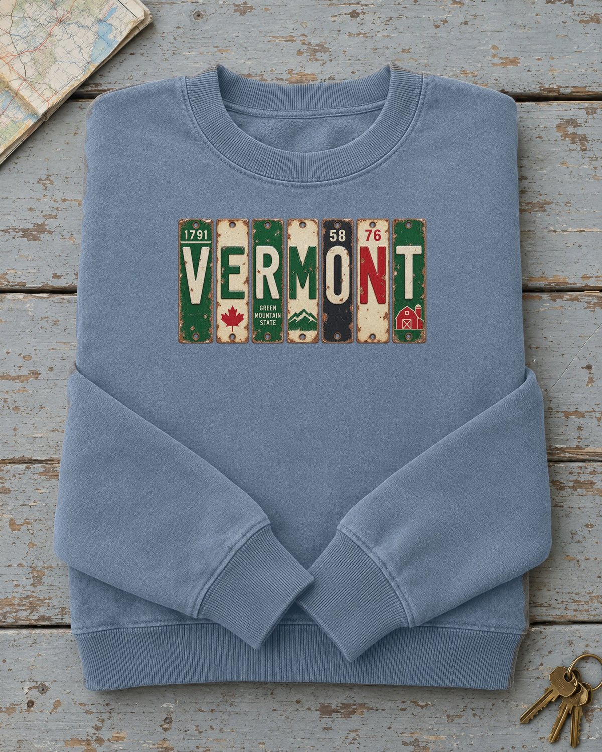 Vermont vintage license plate sweatshirt in Blue Jean