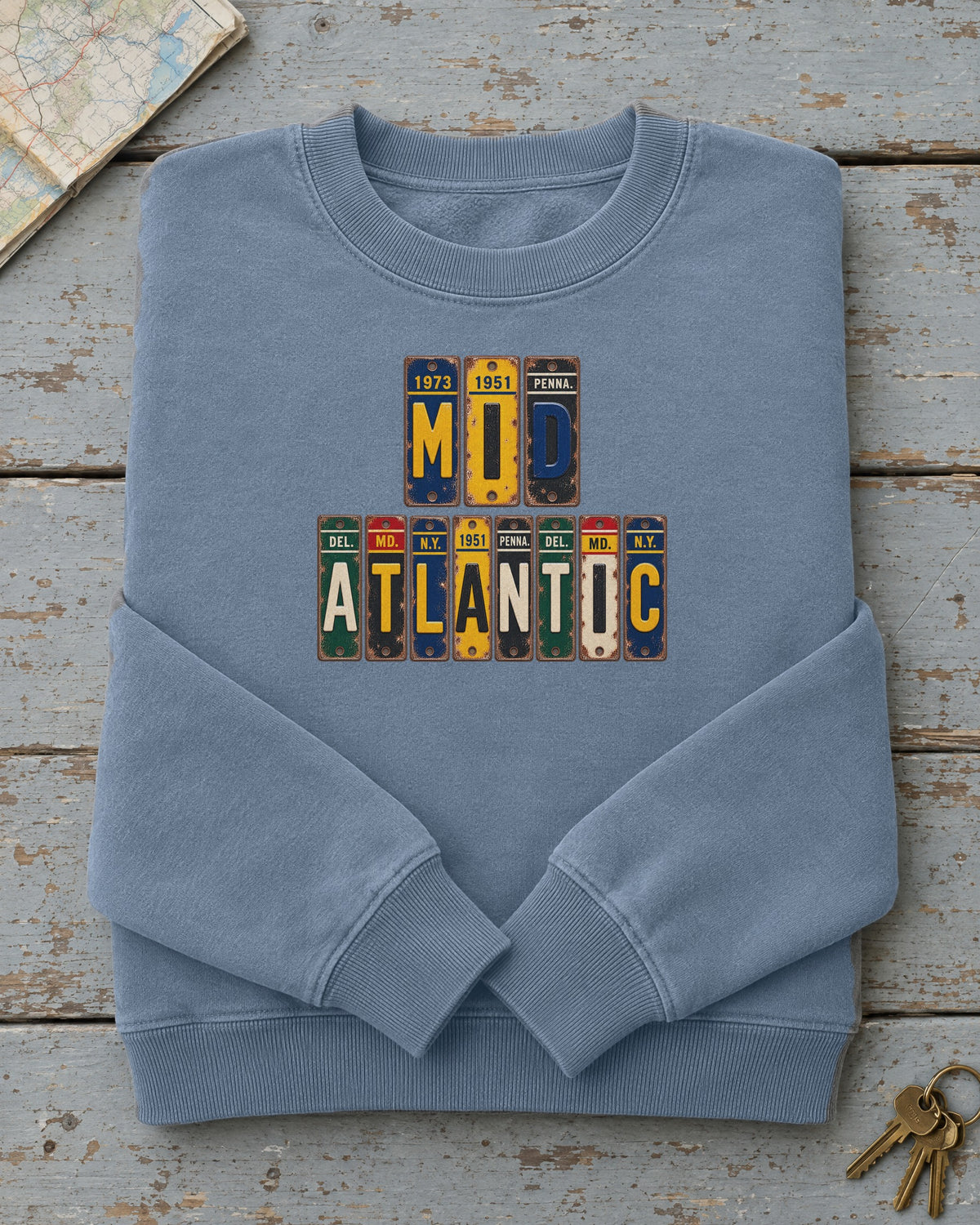 Mid-Atlantic vintage license plate sweatshirt in Blue Jean