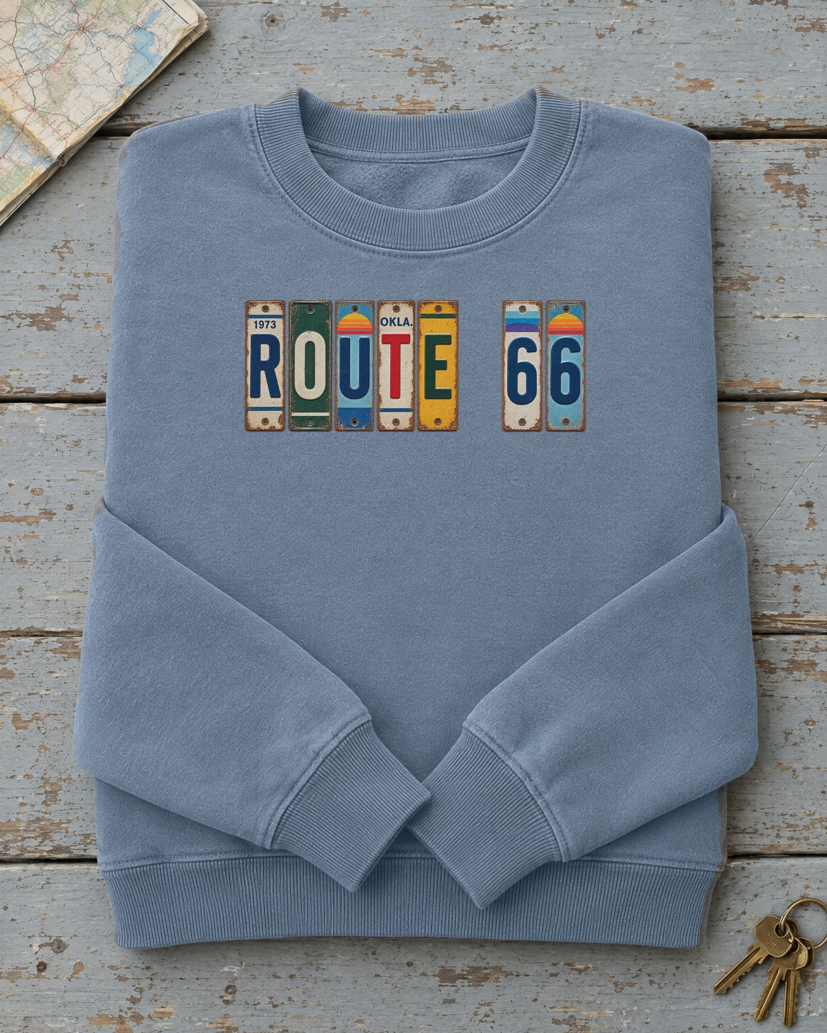 Route 66, Oklahoma vintage license plate sweatshirt in Blue Jean
