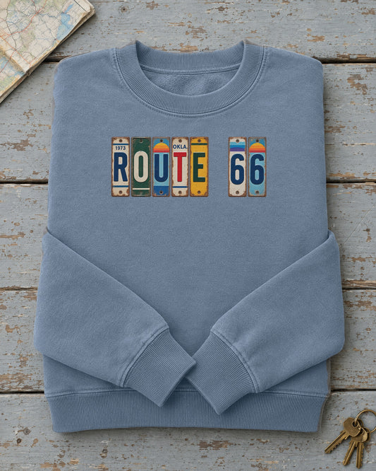 Route 66, Oklahoma vintage license plate sweatshirt in Blue Jean