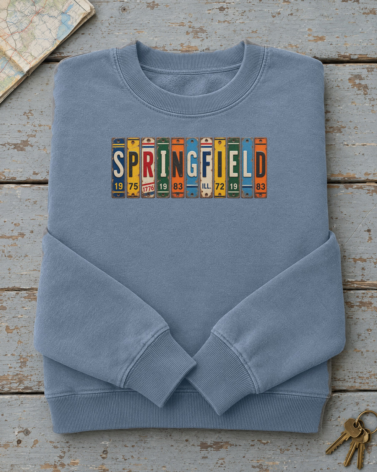 Springfield, Illinois vintage license plate sweatshirt in Blue Jean