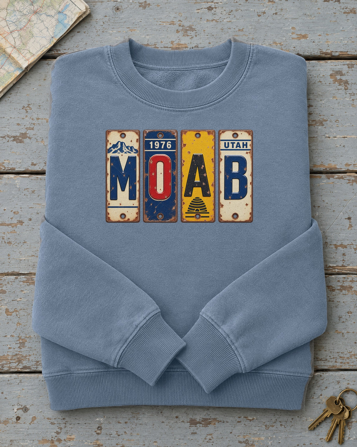Moab, Utah vintage license plate sweatshirt in Blue Jean